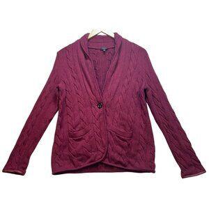 Talbots Women's Wool Fisherman Cardigan Sweater Cable Knit Size Mp Burgundy